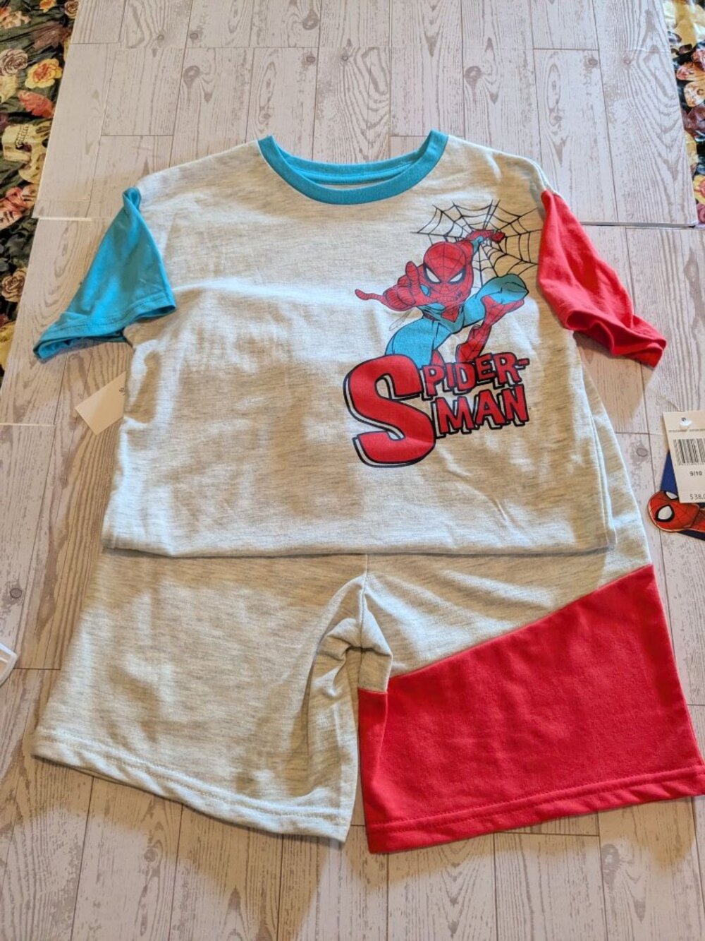 Marvel Spider-Man Heather Grey Boys Pajama Set Size 9/10 With Red & Blue Sleeves